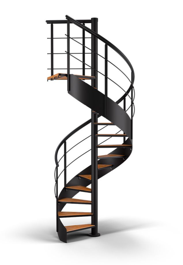 detal spiralnih stepenica CAMBRIDGE s crnom metalnom konstrukcijom i drvenim gaznicama