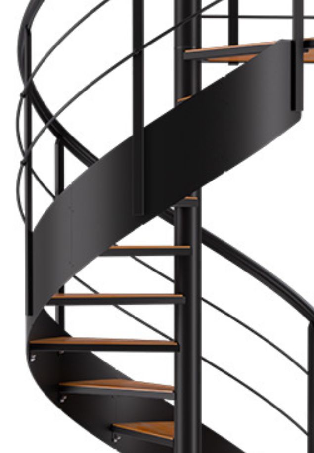 detal spiralnih stepenica CAMBRIDGE s crnom metalnom konstrukcijom i drvenim gaznicama