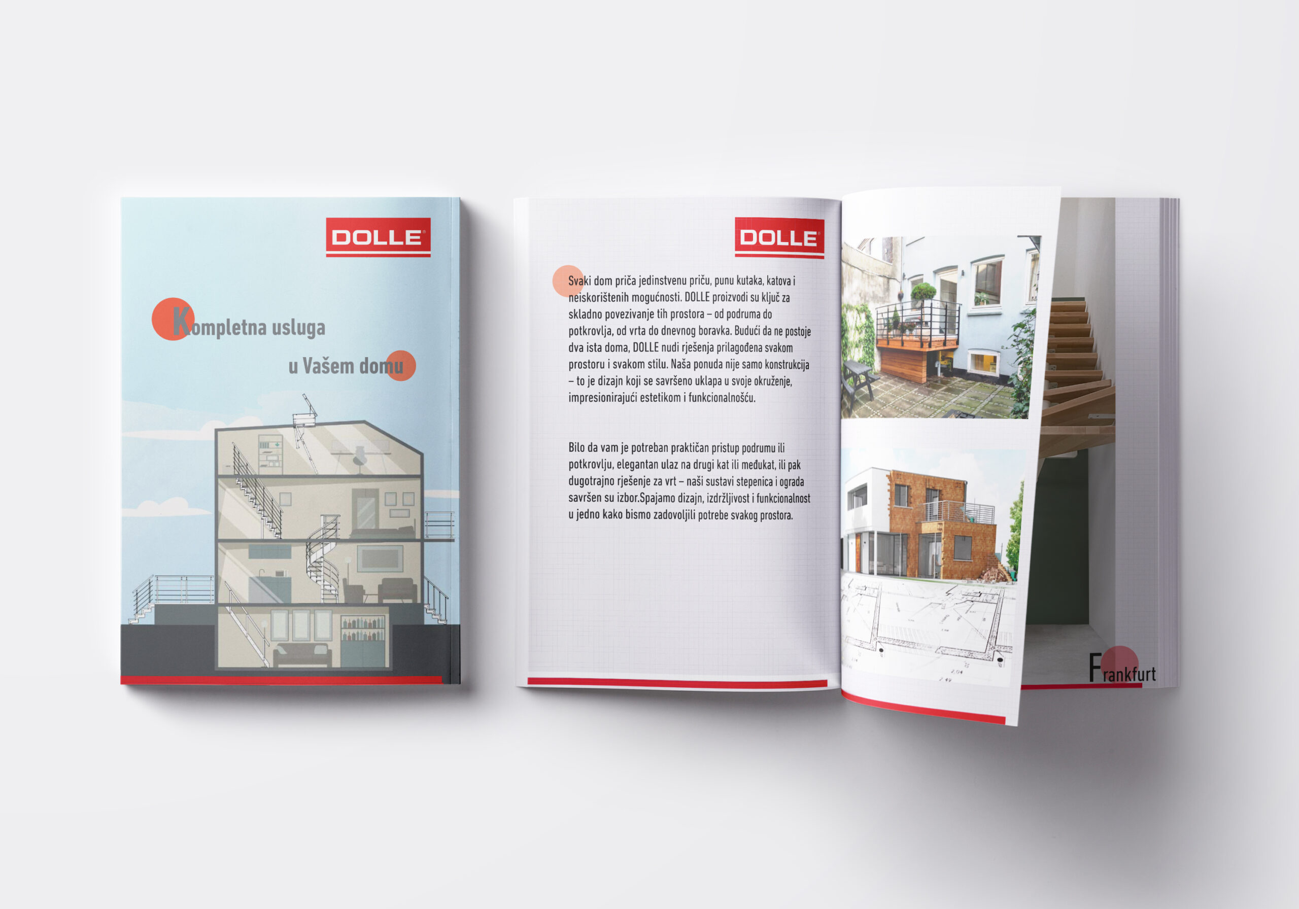 DOLLE – rješenja stubišta za svaki kutak vašeg doma brošura DOLLE s naslovnicom „Kompletna usluga u Vašem domu“ i prikazom interijera kuće s različitim vrstama stubišta