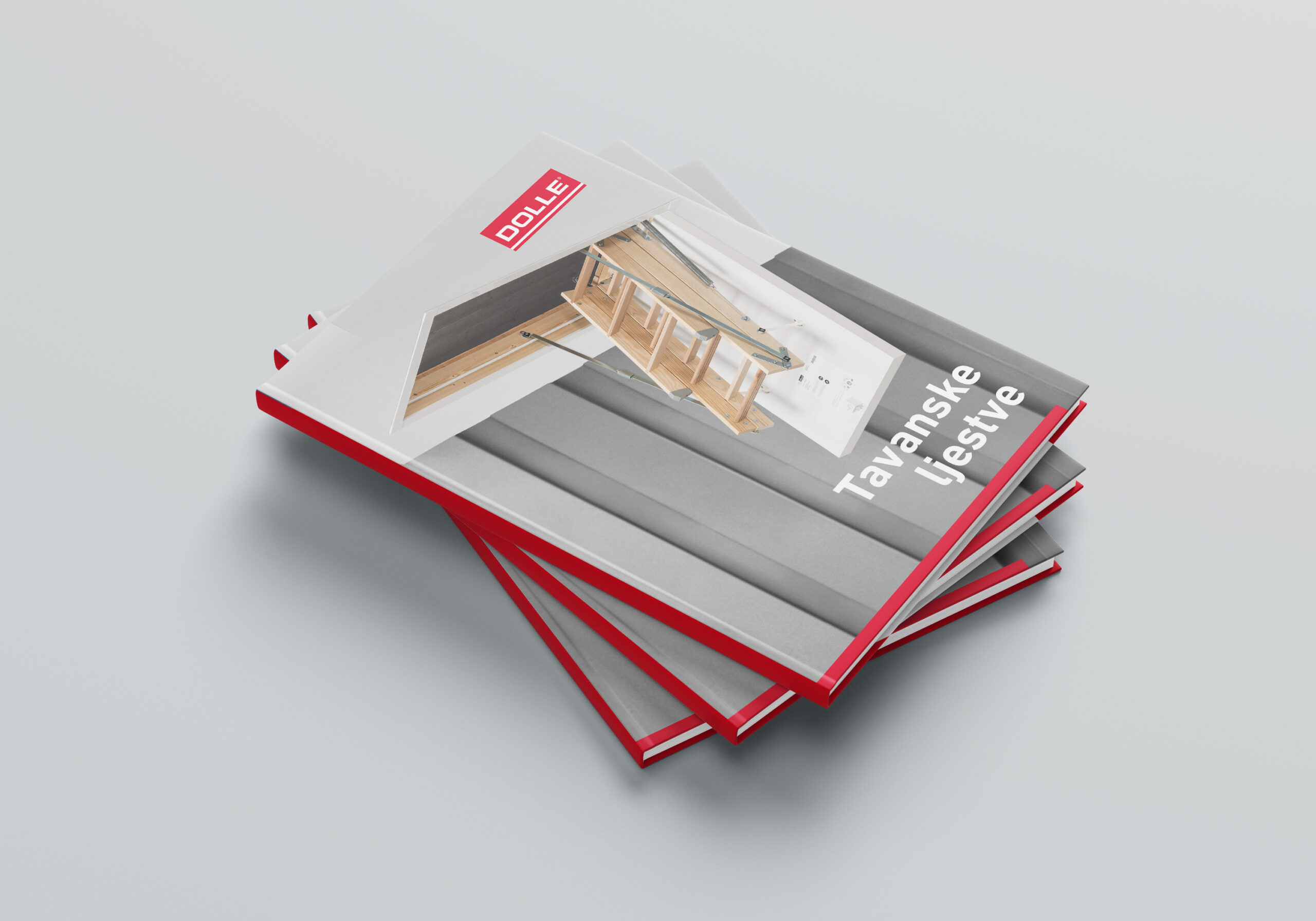 naslovnica kataloga tavanskih ljestvi zatvoreni katalog s naslovnicom na kojoj se nalazi fotografija drvenih tavanskih ljestvi postavljenih u stropni otvor