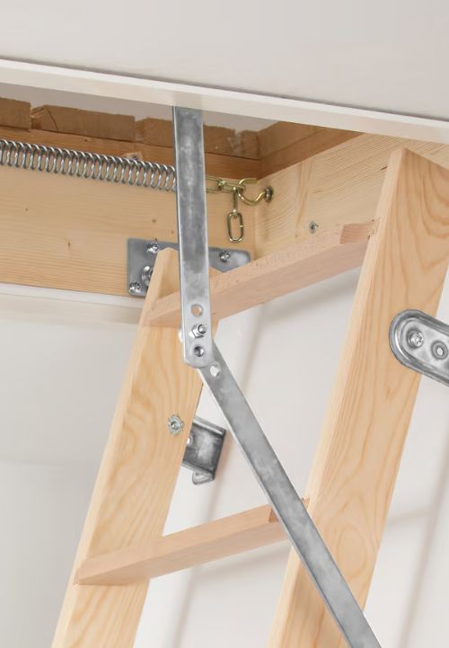 detalj gornjeg dijela stropnih ljestvi MINI 40 s metalnim zglobom, oprugom i sigurnosnim lančićem