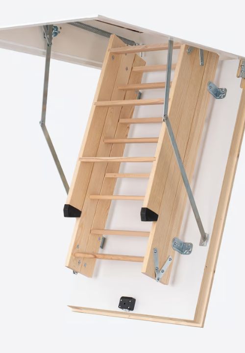 SW64 – funkcionalne stropne ljestve s termoizoliranom klapom i bočnim oprugama otvorene drvene stropne ljestve SW64 sklopljene unutar termoizolirane klape s metalnim bočnim mehanizmima