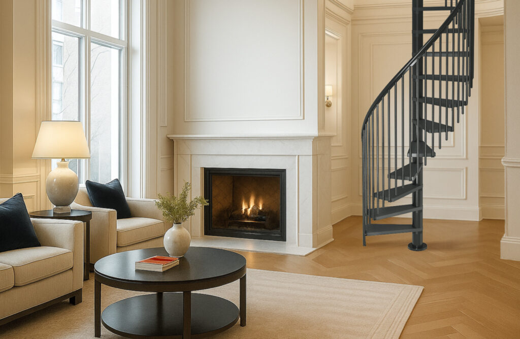 Spiralne stepenice DOLLE CALGARY savršeno se uklapaju u elegantan, klasičan interijer, stvarajući suptilan spoj stila i funkcionalnosti. v