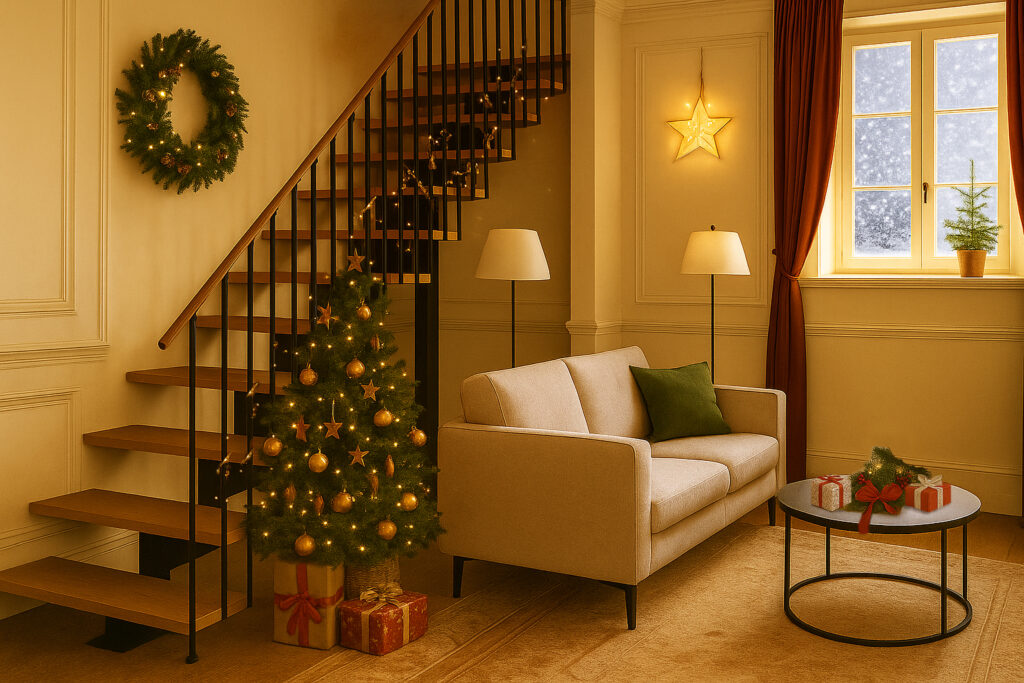 Fotografija prikazuje ugodan, svečani interijer u kojem moderne DOLLE stepenice skladno Fotografija prikazuje ugodan, svečani interijer u kojem moderne DOLLE stepenice skladno nadopunjuju ukrasima božićno drvce, girlande i toplo osvjetljenje, stvarajući domaću atmosferu punu čarolije.