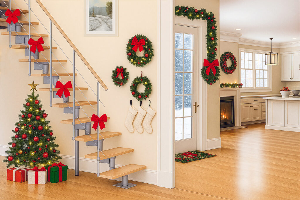 Fotografija prikazuje ugodan, svijetao interijer ukrašen svečanim girlandama, vijencima i crvenim mašnama, u kojem se moderne DOLLE stepenice skladno uklapaju u božićnu atmosferu punu topline i radosti. Fotografija prikazuje ugodan, svijetao interijer ukrašen svečanim girlandama, vijencima i crvenim mašnama, u kojem se moderne DOLLE stepenice skladno uklapaju u božićnu atmosferu punu topline i radosti.