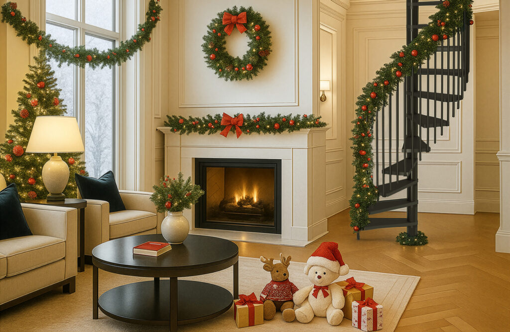 Praznične dekoracije prekrasno ističu eleganciju spiralnih stepenica, stvarajući toplu, čarobnu atmosferu u cijelom interijeru. Praznične dekoracije prekrasno ističu eleganciju spiralnih stepenica, stvarajući toplu, čarobnu atmosferu u cijelom interijeru.