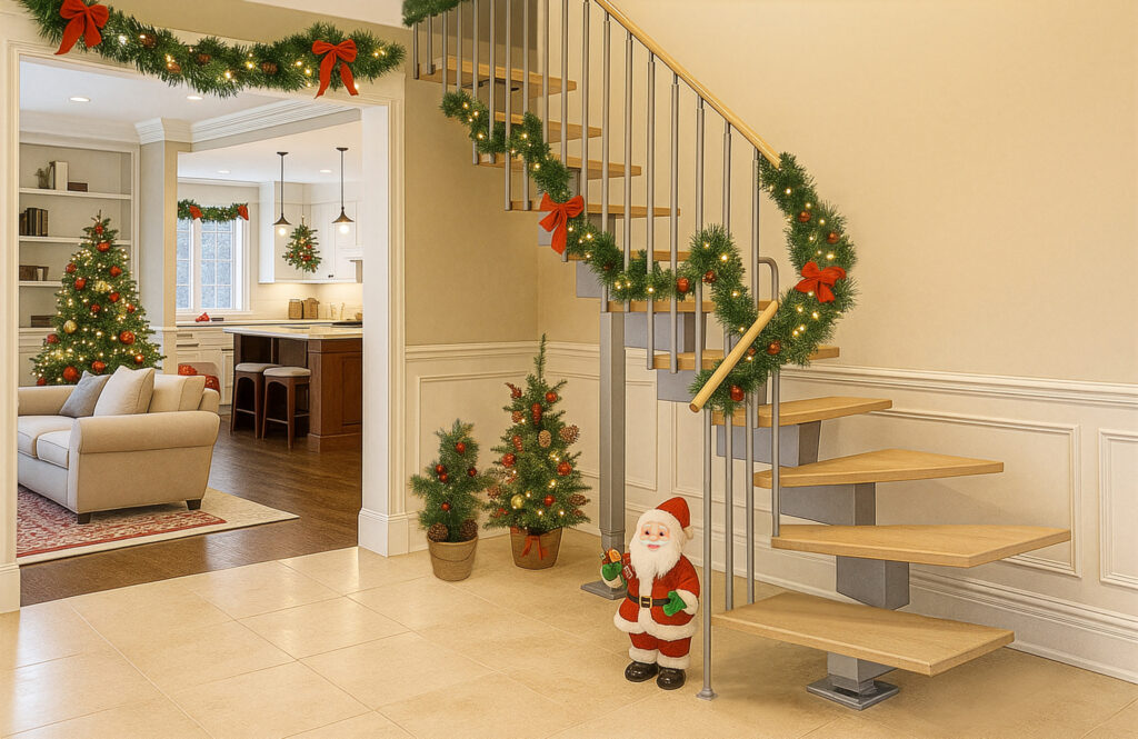 Fotografija prikazuje svečano ukrašen interijer, u kojem se modularno stubište ukrašeno Fotografija prikazuje svečano ukrašen interijer, u kojem se modularno stubište ukrašeno girlandama i mašnama skladno uklapa s božićnim drvcem, svjetlima i božićnim detaljima.