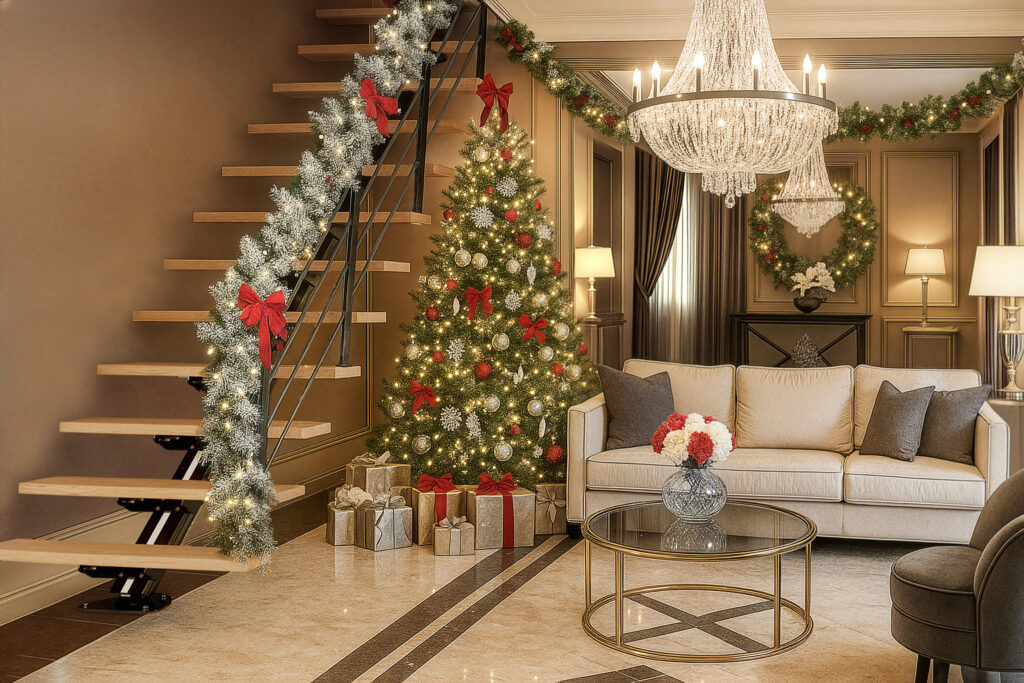 Fotografija prikazuje elegantan, svečano ukrašen interijer, u kojem se modularno stubište skladno uklapa s božićnim drvcem, girlandama i toplim sjajem svjetala. Fotografija prikazuje elegantan, svečano ukrašen interijer, u kojem se modularno stubište skladno uklapa s božićnim drvcem, girlandama i toplim sjajem svjetala.