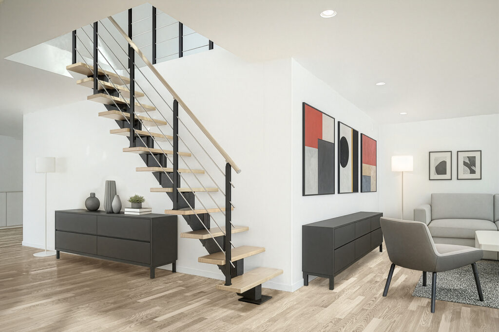 Moderne, minimalističke stepenice savršeno nadopunjuju svijetao i harmoničan interijer, stvarajući skladan, lagan i elegantan prostor. Moderne, minimalističke stepenice savršeno nadopunjuju svijetao i harmoničan interijer, stvarajući skladan, lagan i elegantan prostor.