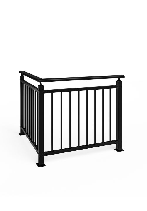 Na slici je prikazan kutni raspored ograde ACADIA – elegantno spajanje dvaju modula stvara skladnu i sigurnu konstrukciju idealnu za terasu ili balkon.