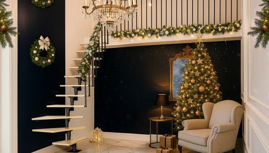 Fotografija prikazuje elegantan, svečano ukrašen interijer, u kojem se minimalističke DOLLE stepenice skladno stapaju s božićnim drvcem, girlandama i atmosferičnim osvjetljenjem, stvarajući toplu i luksuznu atmosferu.