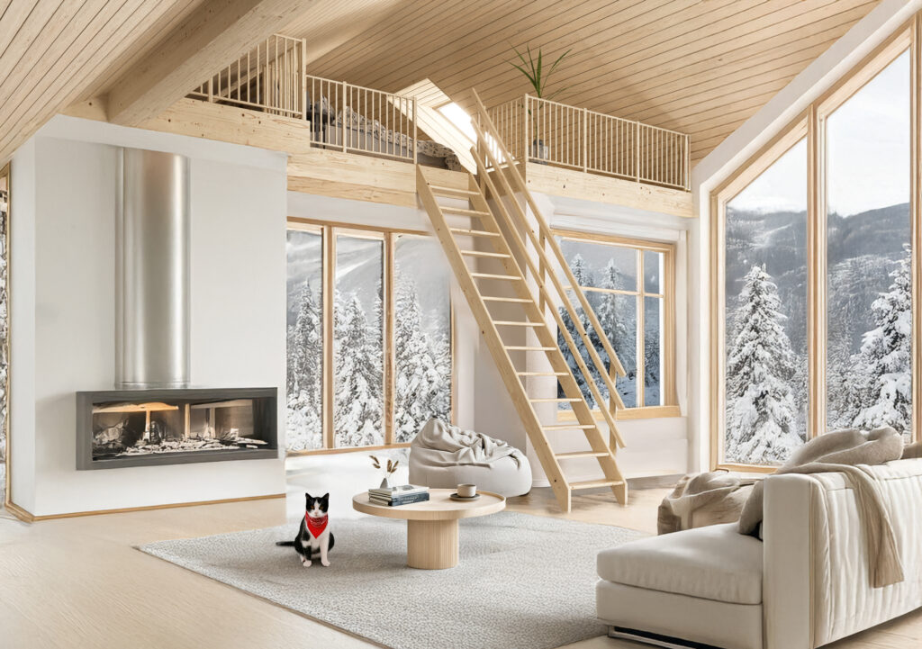 Udoban, svijetao interijer s prirodnim drvenim stepenicama stvara savršenu zimsku atmosferu, skladno spajajući udobnost, dizajn i bliskost prirode. Udoban, svijetao interijer s prirodnim drvenim stepenicama stvara savršenu zimsku atmosferu, skladno spajajući udobnost, dizajn i bliskost prirode.