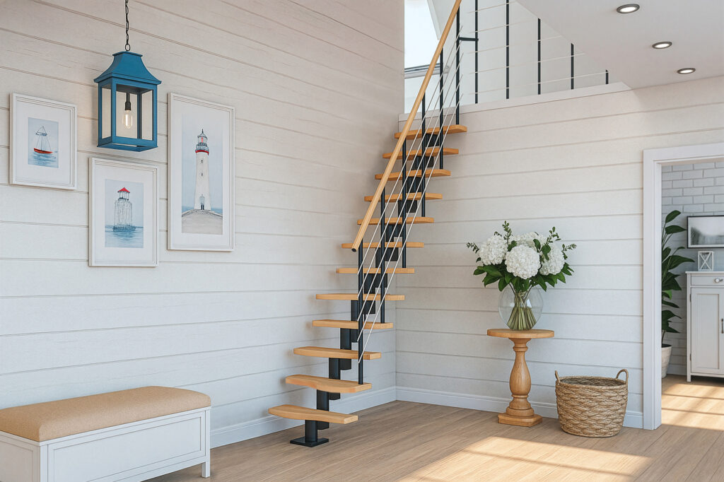 Moderne stepenice lagane konstrukcije prekrasno se uklapaju u svijetli, primorski dizajn, dodajući interijeru eleganciju i sklad. Moderne stepenice lagane konstrukcije prekrasno se uklapaju u svijetli, primorski dizajn, dodajući interijeru eleganciju i sklad.