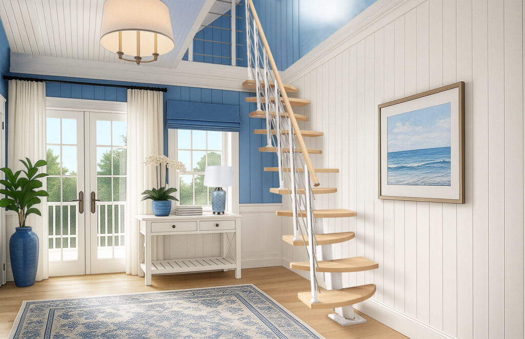 Lekkie, jasne schody idealnie wpisują się w nadmorski klimat wnętrza, podkreślając jego świeżość, przestronność i elegancję stylu hampton. Lekkie, jasne schody idealnie wpisują się w nadmorski klimat wnętrza, podkreślając jego świeżość, przestronność i elegancję stylu hampton.