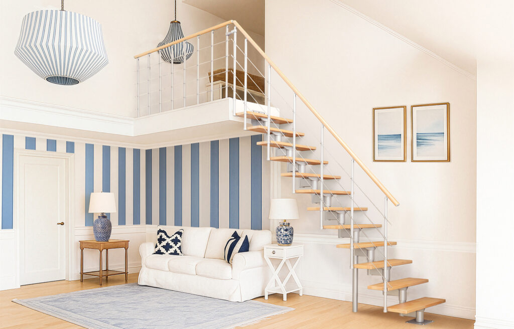 Elegantne, vizualno lagane stepenice savršeno nadopunjuju svijetli interijer u stilu Hampton, stvarajući harmoničan i prozračan ambijent. Elegantne, vizualno lagane stepenice savršeno nadopunjuju svijetli interijer u stilu Hampton, stvarajući harmoničan i prozračan ambijent.
