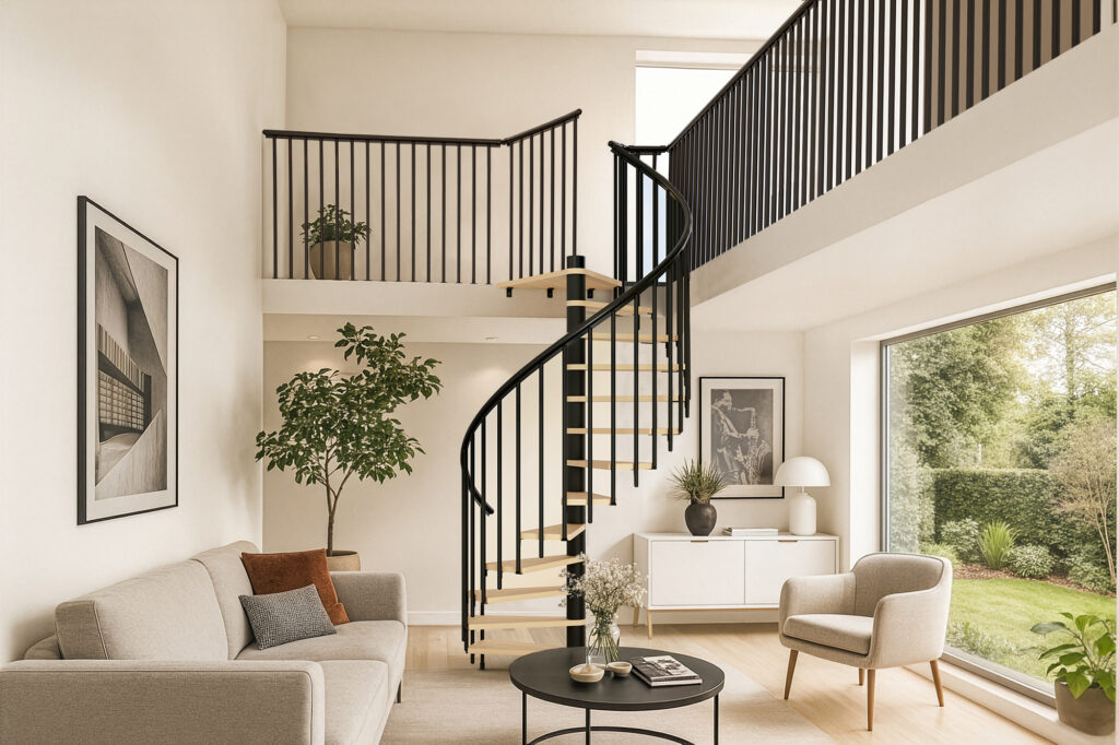 Moderna ograda i spiralne stepenice MONTREAL u elegantnoj crnoj završnoj obradi stvaraju skladnu i profinjenu cjelinu u interijeru ispunjenom svjetlom i harmonijom. Moderna ograda i spiralne stepenice MONTREAL u elegantnoj crnoj završnoj obradi stvaraju skladnu i profinjenu cjelinu u interijeru ispunjenom svjetlom i harmonijom.