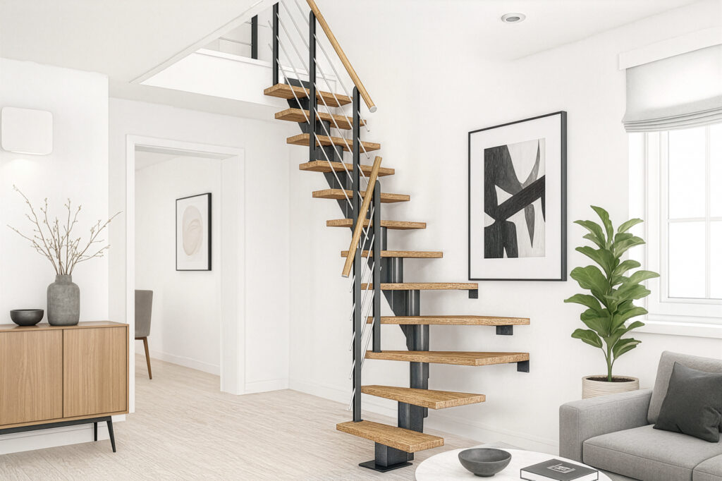 Modularne stepenice DOLLE skladno spajaju prirodno drvo s modernom geometrijom, naglašavajući lakoću i svjetlinu interijera u nijansi Cloud Dancer. Modularne stepenice DOLLE skladno spajaju prirodno drvo s modernom geometrijom, naglašavajući lakoću i svjetlinu interijera u nijansi Cloud Dancer.