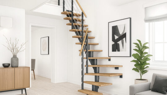 Modularne stepenice DOLLE skladno spajaju prirodno drvo s modernom geometrijom, naglašavajući lakoću i svjetlinu interijera u nijansi Cloud Dancer.