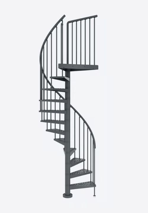 Na slici su prikazane moderne metalne spiralne stepenice s ogradom u grafitnoj boji.