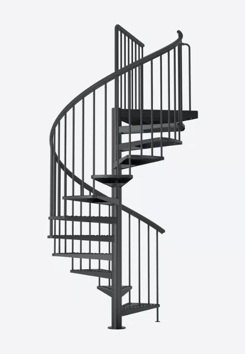 Na slici su prikazane moderne metalne spiralne stepenice s ogradom u grafitnoj boji.
