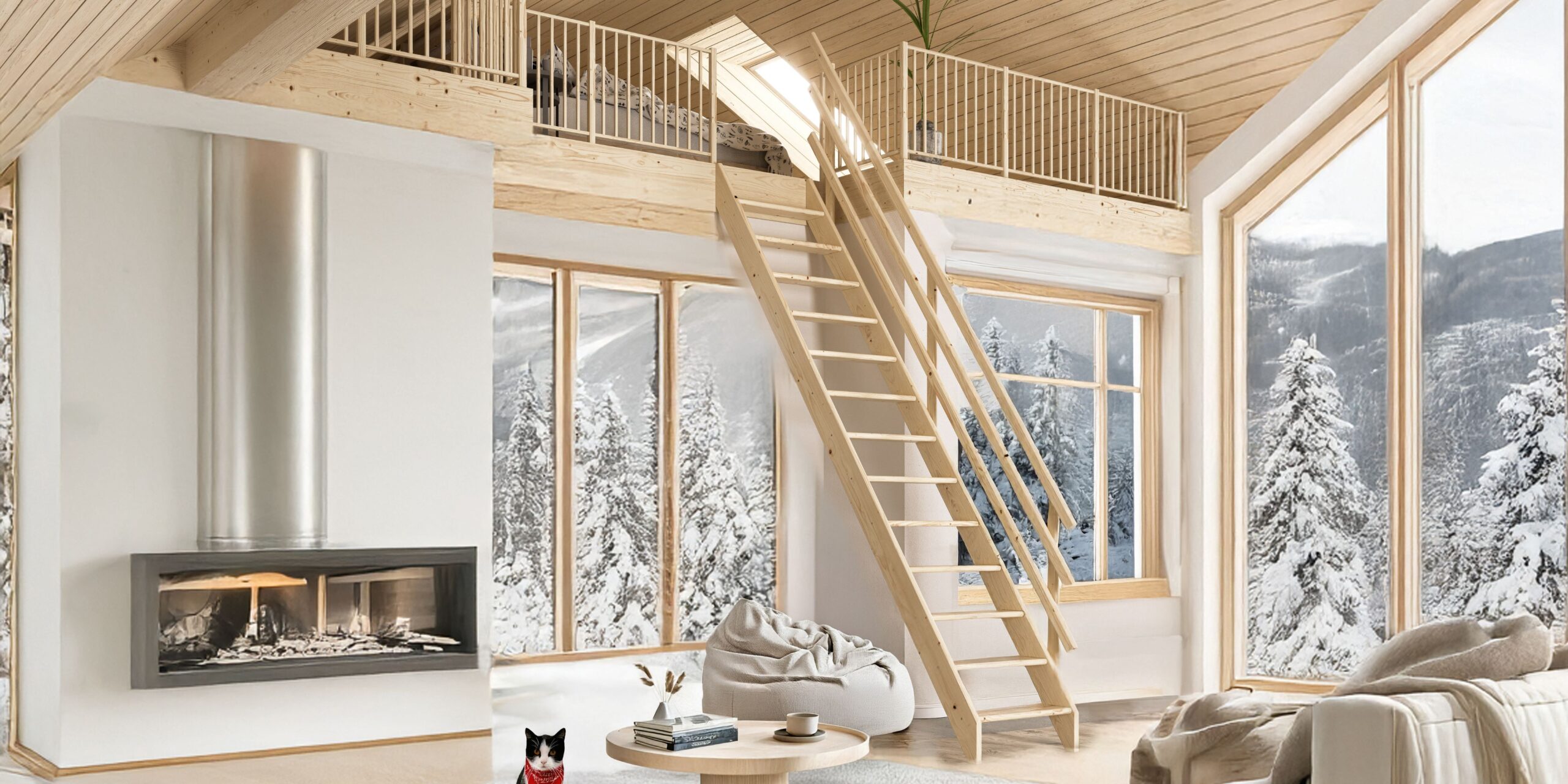 Naravno, svijetao interijer s galerijom i drvenim stepenicama stvara ugodan prostor s pogledom na zimski krajolik.