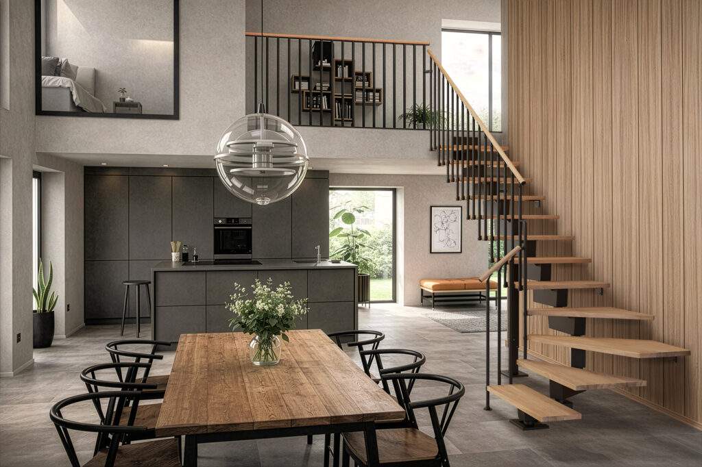 Moderno, dvoetažno interijer u loft stilu povezuje otvorenu kuhinju i blagovaonicu s laganim stubištem s drvenim gazištima, stvarajući skladan i elegantan životni prostor.